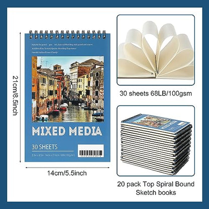 Jexine 20 Pcs Sketch Book Bulk 5.5"x8.5" Top Spiral Bound,Mixed Media | 30 Sheet Each 100gsm Drawing Paper, Sketch Pads for Painting, Artist Sketchbooks Bulk, Art Paper for Students - style: Mixed Media