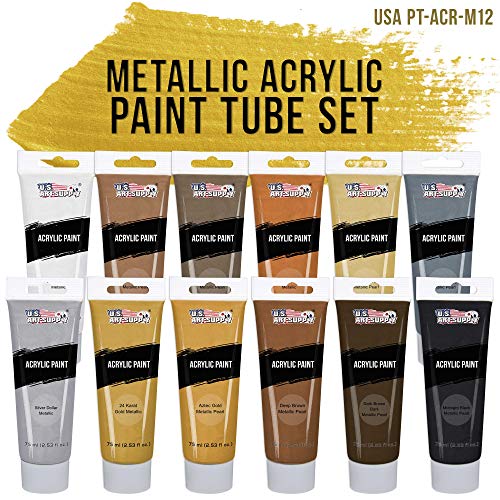 U.S. Art Supply Professional Metallic Acrylic Paint Set - 12 Rich Metallic Colors, 75ml Tubes - Craft Paint for Canvas, Wood, Rock, Model Painting