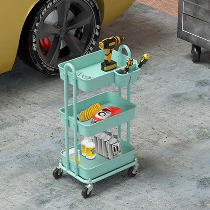 Simple Houseware 3-Tier Rolling Utility Cart with Hanging Bucket, Turquoise - color: Turqoise, size: 3-Tier