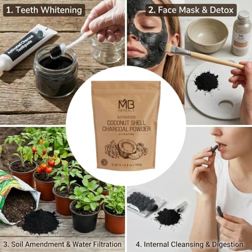 MB Herbals Activated Charcoal Powder from Coconut Shell 3.5 oz (100 Gram) For External Use Only | For ToothPowder Face Packs and Masks | Soap Making | Do not Injest