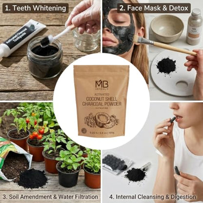 MB Herbals Activated Charcoal Powder from Coconut Shell 3.5 oz (100 Gram) For External Use Only | For ToothPowder Face Packs and Masks | Soap Making | Do not Injest