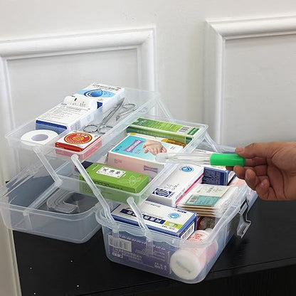 2-Tier Trays Clear Gray Plastic Storage Container Organizer Box, Multipurpose Portable Carrying Case with Latch Lock and Handle for Art, Craft, Sewing Supplies, First Aid, Makeup
