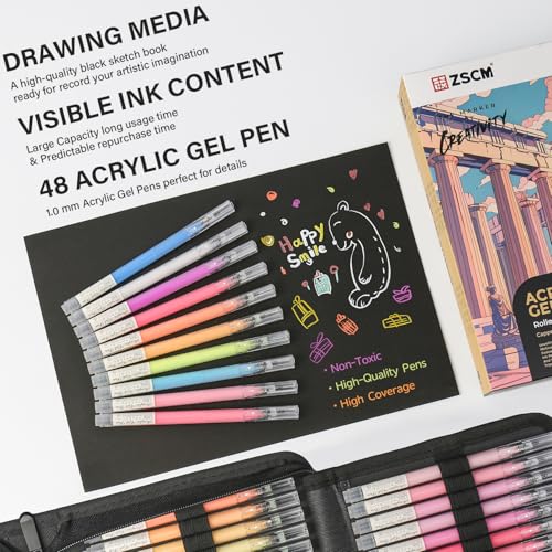ZSCM 48 Colors 3D Acrylic Gel Pens & Black Paper Sketchbook for Drawing - color: 48 Colors