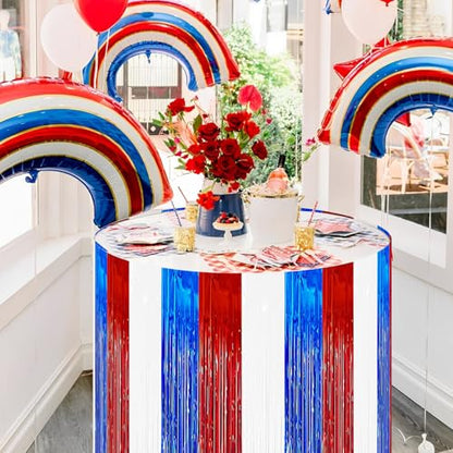 2 Pack 2.5ft x 9 ft Red White and Blue Metallic Foil Fringe Table Skirt, July 4th Patriotic Tinsel Table Skirts Cover for Rectangle and Round Tables, Labor Day, Veterans Day - color: Red White Blue