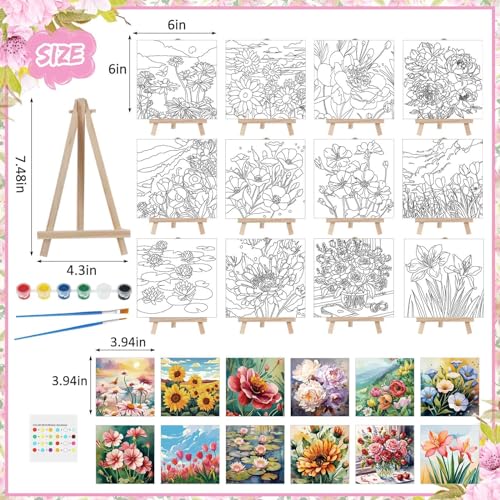 Tenceur 12 Sets Pre Drawn Canvas to Paint Adult Stretched Coloring Painting Canvas Panels with Design Easel and Brushes for Party Supplies Beginner Favor(Flower) - style: Flower