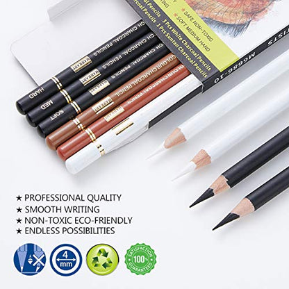 MARKART 10 Pack Professional Charcoal Pencils for Drawing | Black & White Charcoal Pencils for Sketching, Shading, Blending, Portrait, Pastel Chalk Pencils for Beginners & Artists