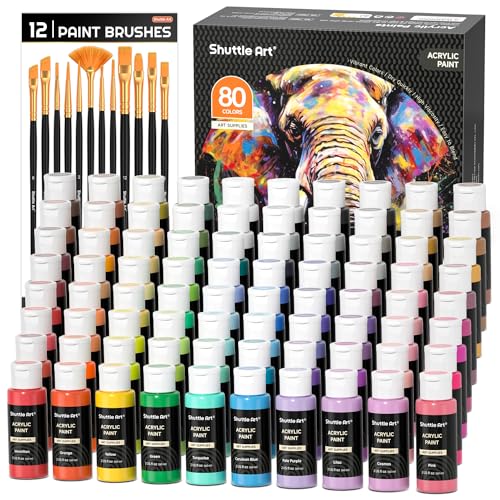 Shuttle Art 80 Colors Acrylic Paint, Acrylic Paint set with 12 Paint Brushes, 2oz/60ml Bottles, Rich Pigmented, Premium Paints for Artists, Beginners and Kids on Canvas Rocks Wood Ceramic - color: Regular, size: 2 Fl Oz (Pack of 80)