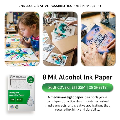 TerraSlate Paper | 8 Mil 5” x 7” Alcohol Ink Paper | Waterproof & Non-Porous Alcohol Ink Drawing Paper | Wipeable Alcohol Ink Craft Paper | White Paper for Vibrant Colors, 25 Sheets