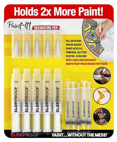 Slobproof Paint It! Decorating Pen, Refillable Paint Pens, Pack of 5 | Mess-Free Arts and Crafts Tool for All Ages - Wider Barrel Holds 2X More Paint - Fill with Chalk, Glitter, Metallic Paints - size: 5 Count (Pack of 1)