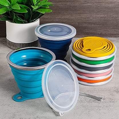 ME.FAN Silicone Collapsible Travel Cup - Silicone Folding Camping Cup with Lids - Expandable Drinking Cup Set - Portable, Graduated [9.22oz] - color: 4 Pack-Deep Gery-Dusty Rose-Teal Blue-Navy Blue