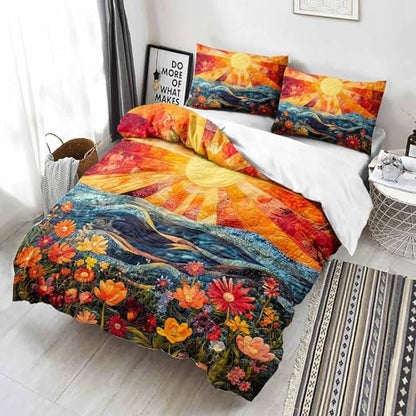 AILONEN Colorful Flower Duvet Cover Set King Size, Boho Sun and Ocean Bedding Set,Abstract Printed Soft Quilt Cover Cover + 2 Pillowcases,3 Pieces - color: S11, size: King