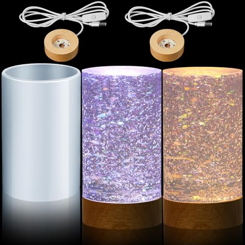 Honoson Light Resin Silicone Mold Set, Include Resin Mold and USB Powered Wooden Lighted Base Stand for DIY Table Candle Desktop Lamp Ornaments(2.5 x 4 Inches,Cylinder) - size: 2.5 x 4 Inches, style: Cylinder