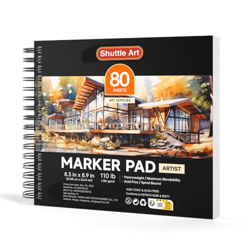Shuttle Art Marker Pad, 8.3”x8.9” Portable Square Sketchbook, 80 Sheets Marker Drawing Paper, 110LB/180GSM Bleedproof Art Paper, Spiral-Bound, Great for Professional Artist to Draw, Paint & Sketch - size: 8.3x8.9 inch