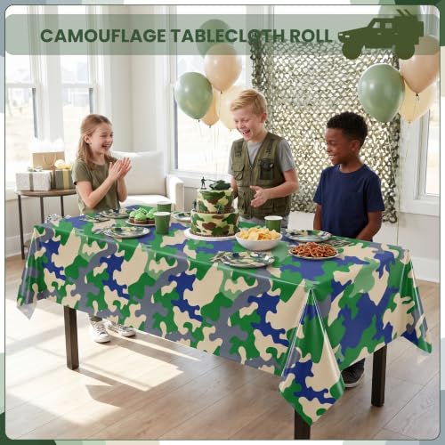 100FT x 54IN Camouflage Plastic Tablecloth Roll with Slide Cutter Box | Heavy Duty Disposable Green Camo Table Cover Wall Backdrop for Picnic, Birthday, Camouflage Party Supplies - color: Green Camo, size: 1200" x 54" (Rectangular)