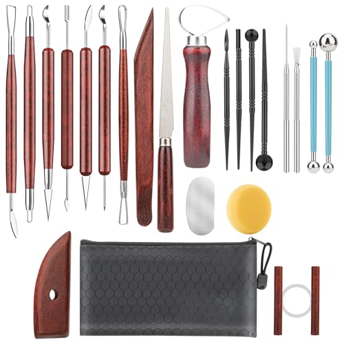 23PCS Clay Tools Sculpting, Ceramic & Pottery Modeling Tool, Ceramics Tools Set, Polymer Tools Kit, Air Dry Clay Tools for Carving, Molding, Pottery Wheel, Crafting Supplies, Pros, Beginners, Adults - color: Stained Wood-23PCS