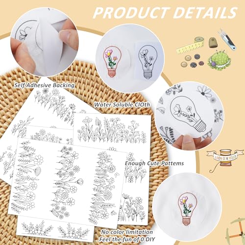 Water Soluble Embroider Pattern Stabilizer - CRASHOT 4 Sheets Stick and Stitch Embroider Paper Wash Away, Flower Floral, Daisy, Butterfly, Designs, Suprise for Hand Sewing Lover - style: Floral1549