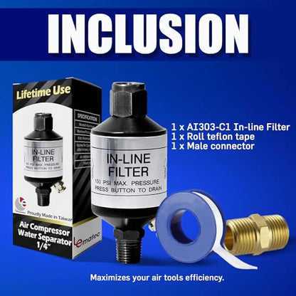 LE LEMATEC Moisture Trap & Water Separator for Paint Gun 1/4" NPT - size: 1.6" x 1.6" x 3.6" (With Adapter)