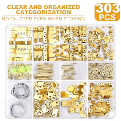 303Pcs Picture Hanging Kit, Picture Hangers Assorted Kit with Heavy Duty Picture Hanging Hooks/Hardware Nails/Sawtooth/Wire/D Rings/Level, Metal Picture Wall Hooks for Frame Canvas Mounting - size: Gold