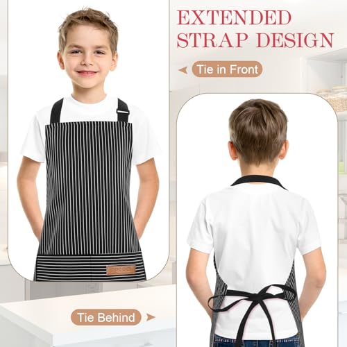 3 Pack Stripes Kids Apron, Adjustable Kids Cooking Aprons with 2 Pockets, Cute Chef Baking Aprons for Boys and Girls - color: Black + Grey + Pink, size: 45x50cm