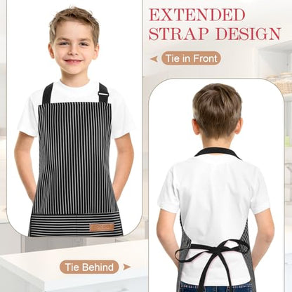 3 Pack Stripes Kids Apron, Adjustable Kids Cooking Aprons with 2 Pockets, Cute Chef Baking Aprons for Boys and Girls - color: Black + Grey + Pink, size: 45x50cm