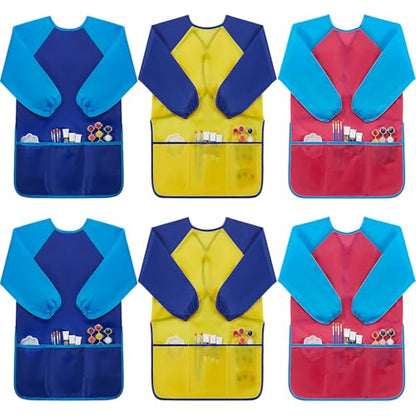 Yahenda Kids Art Smocks Toddlers Painting Apron Waterproof Artist Smock for Children with Long Sleeve 3 Pockets for 2-8 Years - color: Rose Red, Yellow, and Dark Blue