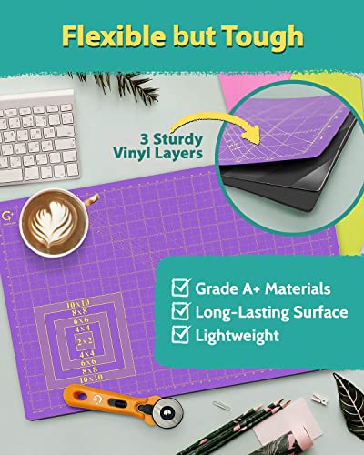 G+ Self-Healing Cutting Mat - True A4 9 x 12" (9 x 13" Full) Inches Purple/Black ; Self-Healing Double-Sided Durable Non-Slip Cutting Board for Crafts, Sewing, Fabric, Modeling and All Arts Projects - size: 13"L x 9"W