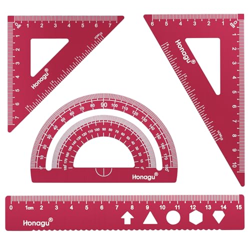 Honagu Triangular Ruler Set, 4 PC Metal Drafting Ruler, Geometric Protractor, Measuring Drawing Tool for Students, Teachers, Draftsmen, Engineers, Home School Office Supplies (15cm/5.9inches, Red) - color: Red, size: 15cm