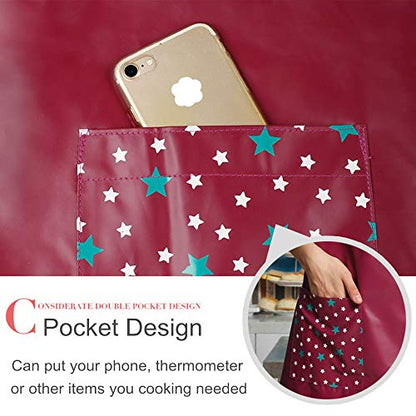 PU Kitchen Oil and Waterproof Aprons for Women with Pocket for Cooking Washing - color: Red