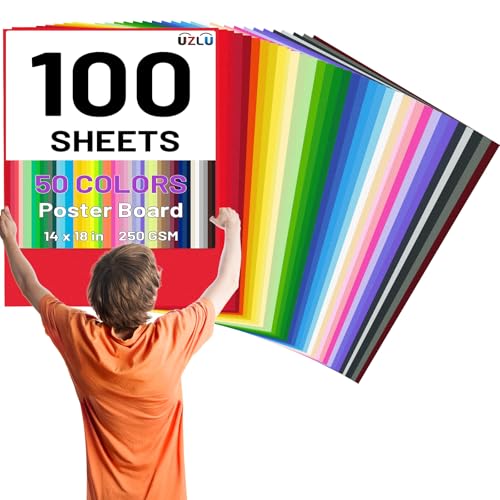 100 Pcs 50 Assorted Colors Poster Board 14 x 18 In Colored Posterboard Paper Bulk 250 GSM Thickness Cardstock Blank Smart Vision Board for School Drawing Arts Craft Projects Display DIY Scrapbooking - size: 14 x 18 in