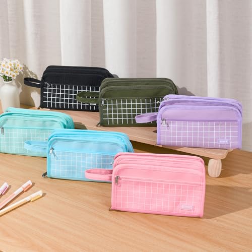 Sooez Large Pencil Case, Pencil Pouch, Pencil Bag, Pencil Box, Pink & Plaid | Ample Storage, Durable Canvas, Smooth Zippers, Portable Handle, Cute Stationery Organizer, Makeup Bag, School Supplies, Girls - color: Pink with Plaid