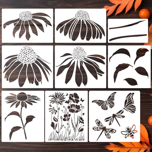 Large Flower Stencils for Painting Cone Flower Stencils for Walls | Reusable Floral Stencil for Painting on Wood Fence Outdoors Furniture Fabrics DIY Crafts Decor - style: Coneflower
