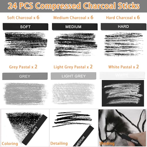 24 Pcs Compressed Charcoal Sticks with Soft, Medium, Hard and White Charcoal, Square Vine Charcoal Stick Kit for Drawing, Sketching and Shading, Art Supplies for Artists Beginners