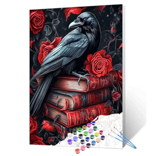 Gothic Raven Red Roses Dark Books Horror Paint By Numbers For Adults Students Black Crow Fantasy Mysterious Creepy Paint By Number Kit For Horror Lovers Festival Decor 16''W X 20''H (Frameless) - color: Dark Raven-02, size: 16''x20''(Frameless)