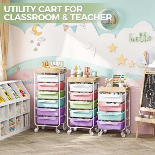 SYKIARIOL Utility Cart with 5 Labeling Drawers and Wooden Tabletop - color: Ice Cream, size: 5-Drawer