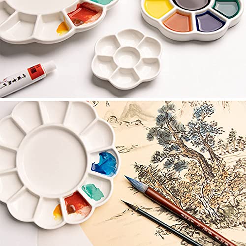 Set of 2 Ceramic Artist Paint Pallet,Tray,Palette,Easy to Clean Porcelain Mixing Tray for Watercolor Gouache Painting,White, 8 inch,Round, (LS007)