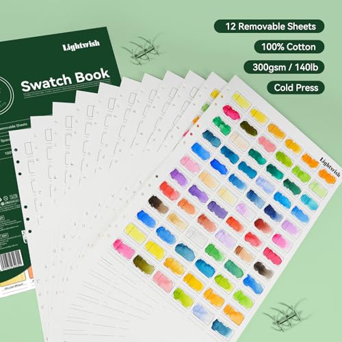 Lightwish Watercolor Swatch Book - 12 Detachable Sheets 100% Cotton 72 Spaces,15.35 * 10.63 in,300gsm/140lb Cold Press for Watercolor, Gouache, Oil Pastels - Spiral-Bound Color Testing Journal - color: Green, size: 15.35*10.63 In