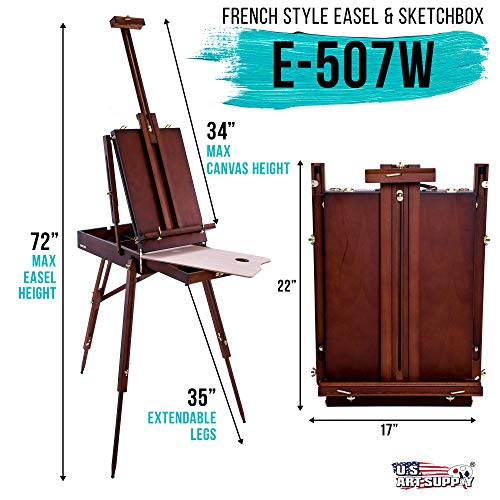 U.S. Art Supply Large Walnut French Easel, Adjustable Plein Air Easels, Beechwood Sketchbox Tripod for Field & Studio Painting Easel for Adults, Drawing, Display - Portable with Drawer & Palette