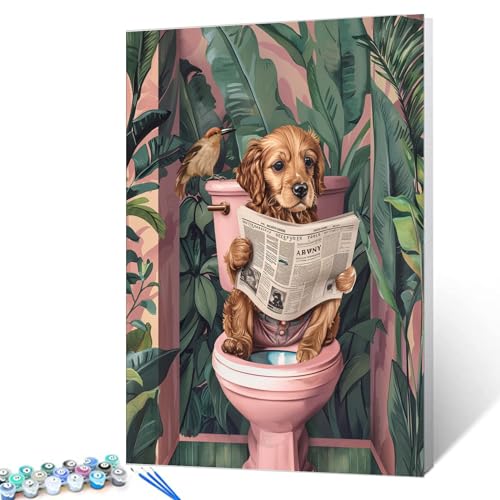 Tucocoo Puppy on Toilet DIY Paint by Numbers for Adults Bathroom Animal DIY Digital Oil Painting Tropical Jungle Animals Painting Kits Canvas Acrylic Paint Funny Room Decor 16x20Inch Without Frame - color: Paint by number-Closestool 15, size: 16''x20''(Fr