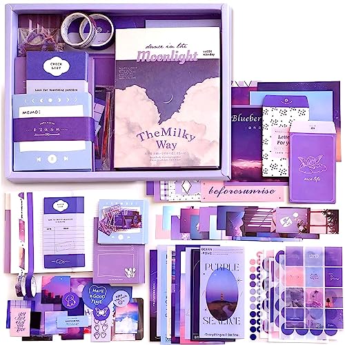 LCLAIDYDY 348 PCS Aesthetic Scrapbook Kit with A6 Grid Notebook, Bullet Junk Journals, DIY Gift Journaling Kit for Teen Girl Women (Moonlight) - color: Moonlight