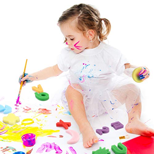 Gejoy 64 Pieces Sponge Painting Kit for Kids Alphabet Numbers Animal Paint Sponges Models Art Craft Drawing Tools for Kids Toddlers Educational Bathroom