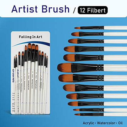 Falling in Art 12 PCS Professional Filbert Paint Brushes Set | Artist Brushes for Watercolor, Oil Painting, Acrylic, Face Body Nail Art, Crafts, Rock Painting - size: 12 Pcs Filbert Nylon