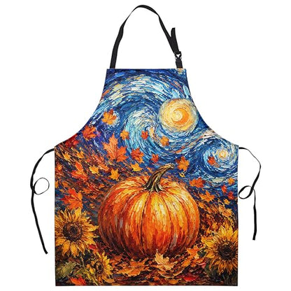 Fall Thanksgiving Aprons Van Gogh Starry Night Pumpkin Kitchen Apron with Two Pockets Maple Leaves Sunflower Cooking Apron with Adjustable Neck Strap for Baking Crafting Painting - color: Fall-starry Pumpkin
