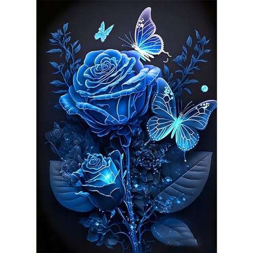 MOGTAA Blue Rose Diamond Art Kits for Adults, Glowing Butterfly Diamond Painting Kits for Beginners, DIY 5D Diamond Dots Kits Flowers Gem Painting for Home Wall Art Decor 12x16 inch - color: Blue Rose