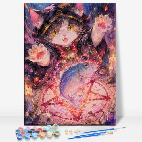 Aeontinity CAT SUMMONS Fish with Pentagram Spell Animal Framed Canvas DIY Paint by Numbers Kit Bar Cafe Cave Home Room Wall Bathroom Porch Patio Decor Gift, 16 x 12 Inch - color: CAT SUMMONS FISH WITH PENTAGRAM SPELL - 16 x 12 Inch