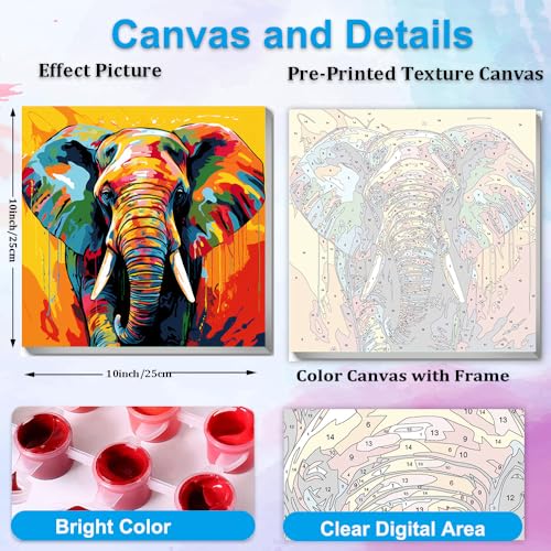 Artunion Framed Paint by Numbers Kit for Adults Beginners & Kids Ages 8-12,Colorful Elephant Paint by Number with Frame,Abstract Animal Paint by Numbers Kit on Canvas 10 * 10 Inch Without Easel - color: ZXT-325-F