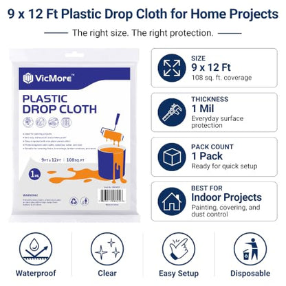 VICMORE Clear Plastic Drop Cloth for Painting, 9 x 12 Ft