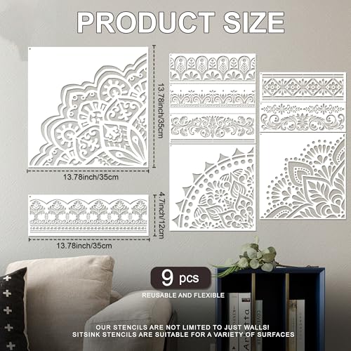 Sitsink Mandala Stencils for Crafts Reusable - 9 Pcs Border Stencils for Wall Decor Large Mandala Pattern Template Home Decor Furniture Rug Table Painting - style: border with mandala