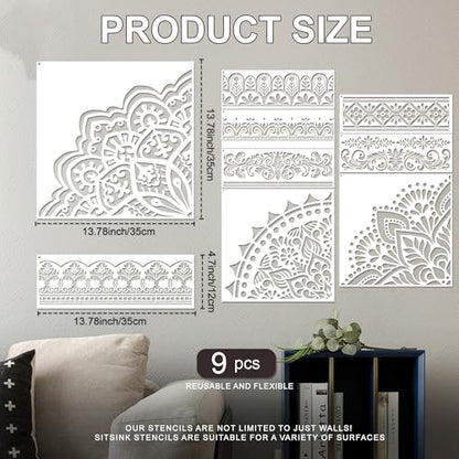 Sitsink Mandala Stencils for Crafts Reusable - 9 Pcs Border Stencils for Wall Decor Large Mandala Pattern Template Home Decor Furniture Rug Table Painting - style: border with mandala