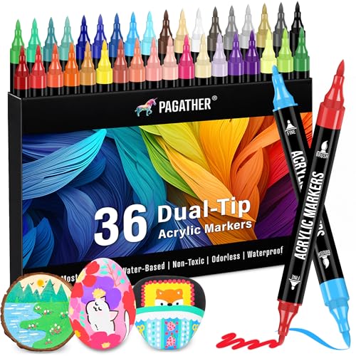 Pagather Acrylic Paint Markers, 36 Colors Dual Tip Fine & Brush Pens Set | For Rocks, Fabric, Wood, Glass & More, Perfect for DIY Crafts and Creative Art Projects with Bright, Smooth and Quick-Dry Ink