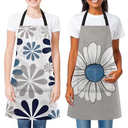 2 PC Aprons Stripe Durable Adjustable Bib with Pockets Apron for Women Men Lovers Chef Home Kitchen Cooking Garden - color: Navy Teal